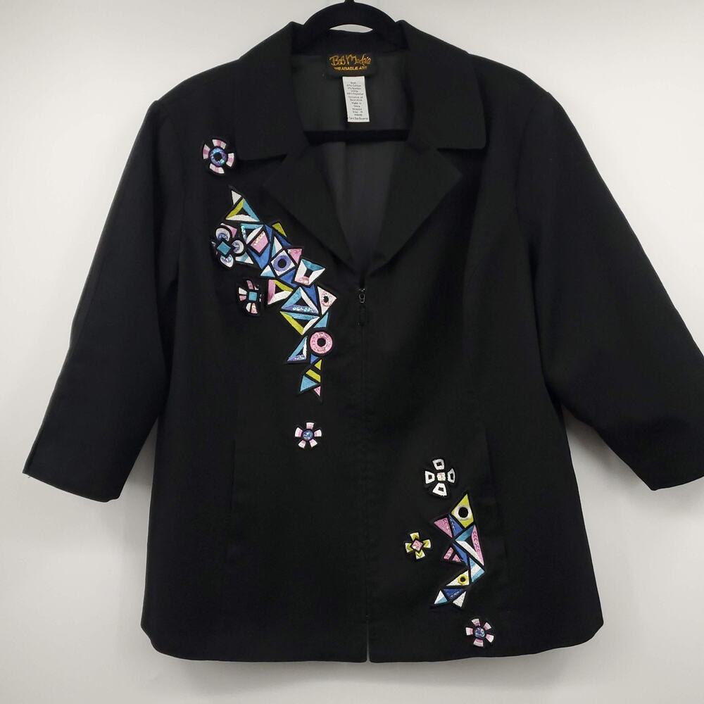 Bob Mackie Jacket Womens 1X Black Wearable Art Embroidered Sequin Geometric Coat
